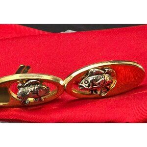 Fish-Themed Gold & Silver Cufflinks Oval Design with Red Pocket Square CM2232